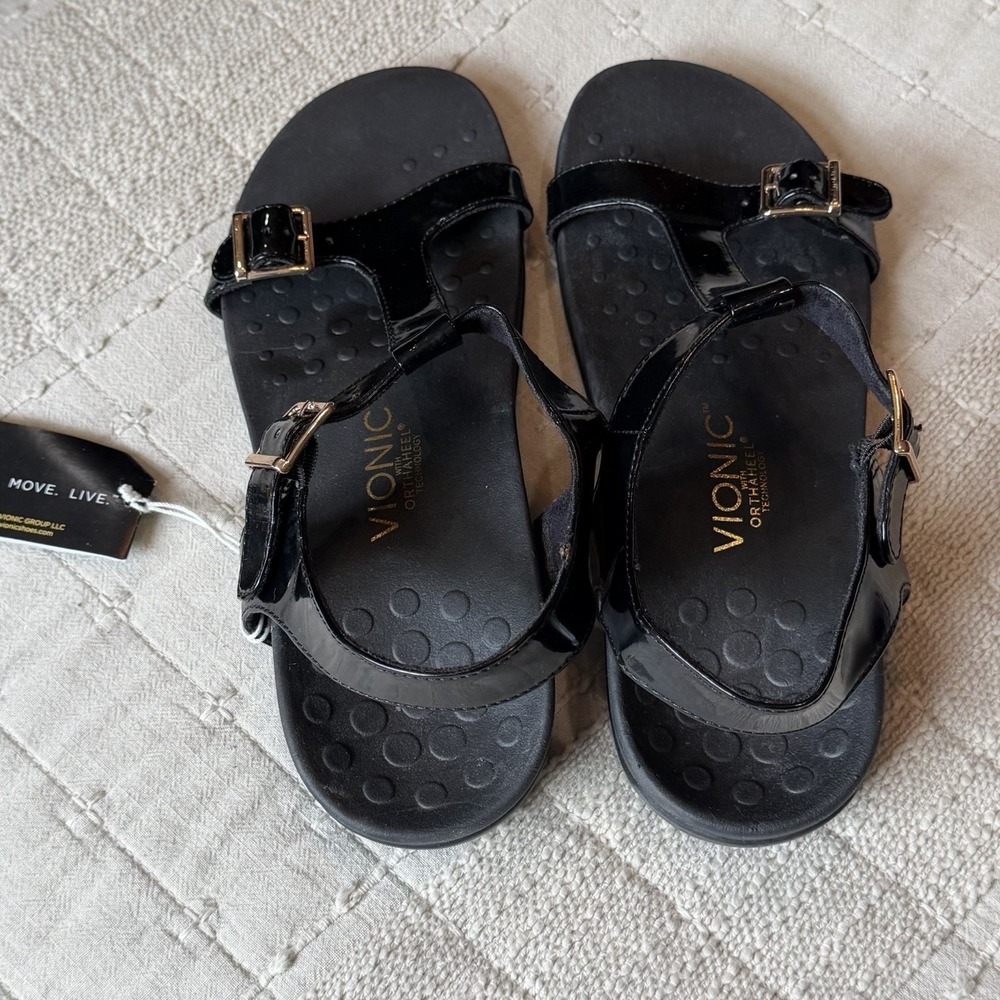 VIONIC Adriane Black Patent Leather Flat Slingback Sandals Size 9 NWT - Picture 6 of 6